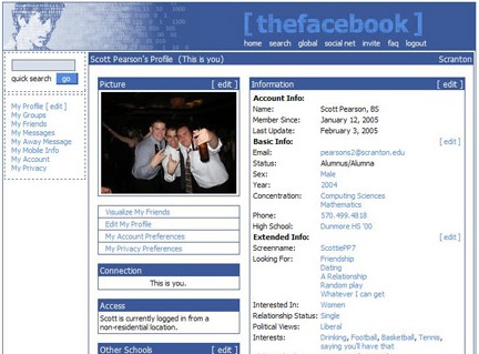 Página de perfil Facebook em 2005